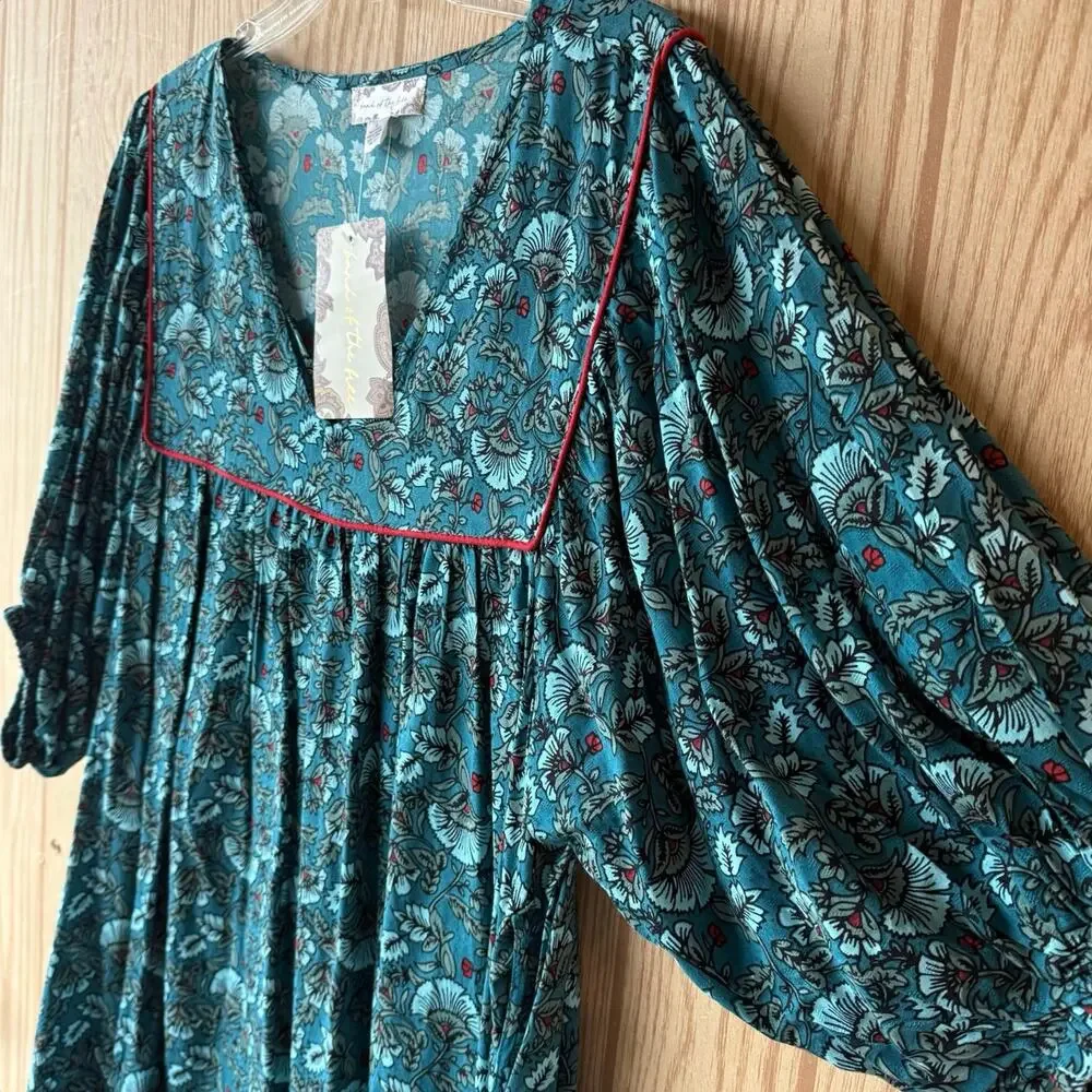 Band of the Free puff sleeve pocket short mini dress Aqua Teal floral BOG Small - Picture 10 of 16